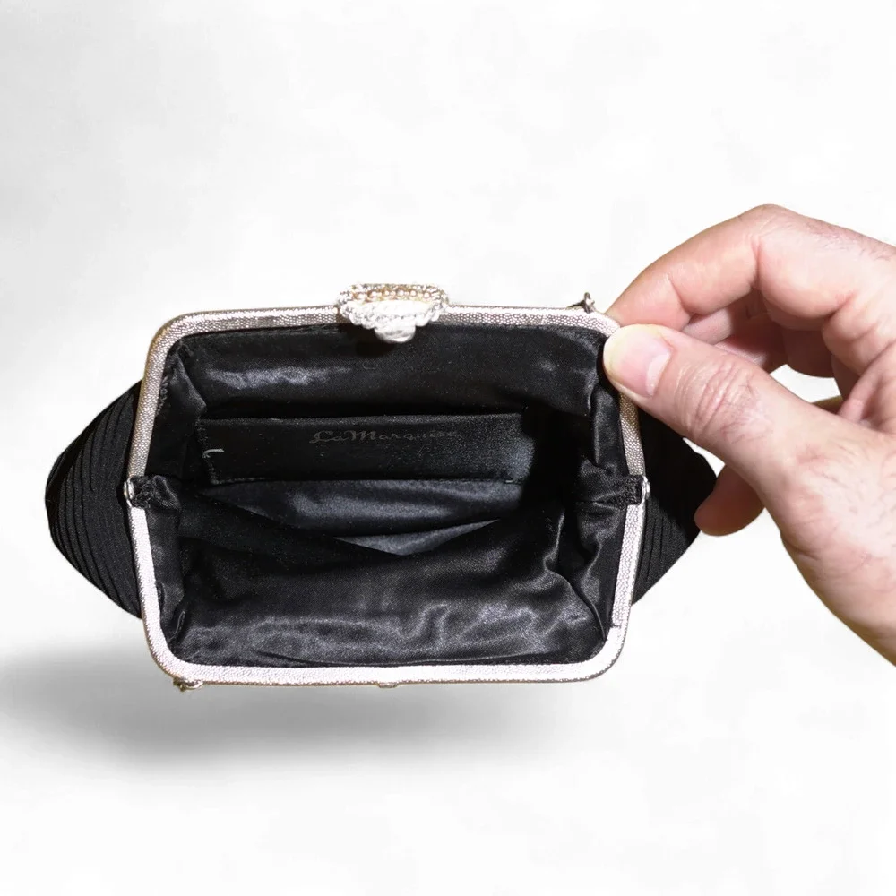 Vintage La Marquise Pleated Evening Bag Black w/ Silver Frame Kiss Lock 40s EUC